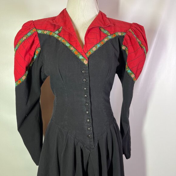 Vintage 1980s MENU Size 8 Western Style Dress V-Waist Puffed Sleeves *Flaw - Picture 12 of 15